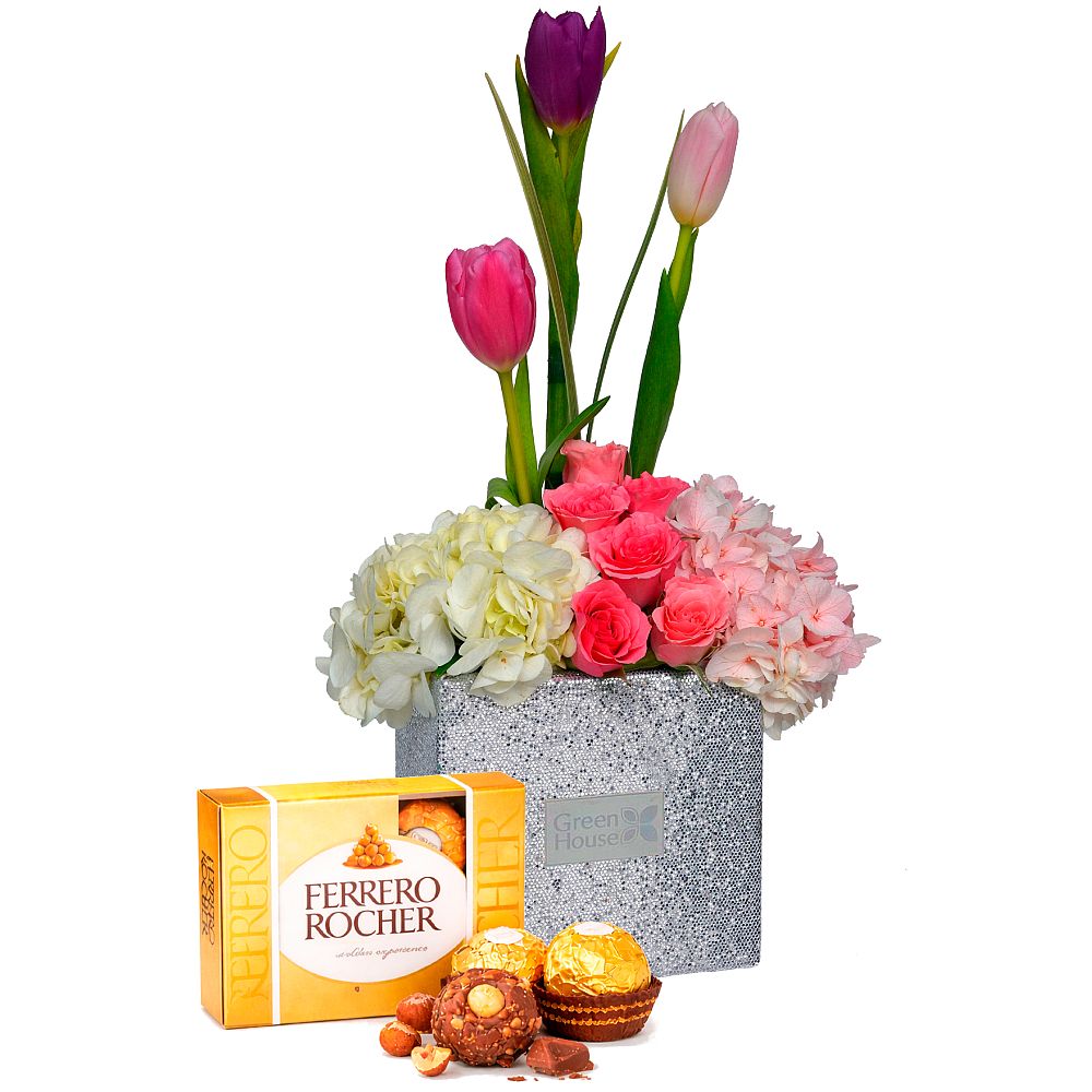 GLAM SILVER 3 TULIPANES Y FLORES VARIADAS + ¡GRATIS! BOMBONES FERRERO ROCHER