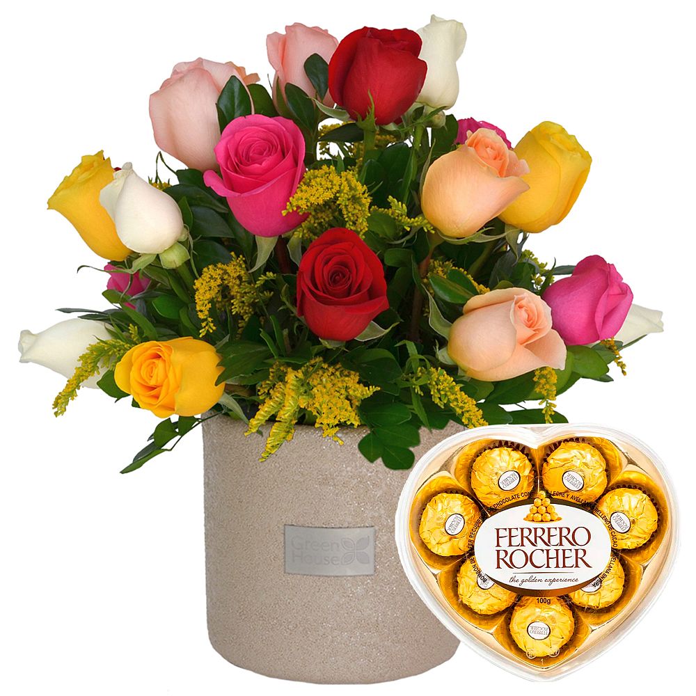 ARREGLO GLAM 24 ROSAS COLORIDAS + ¡GRATIS! BOMBONES FERRERO ROCHER CORAZÓN