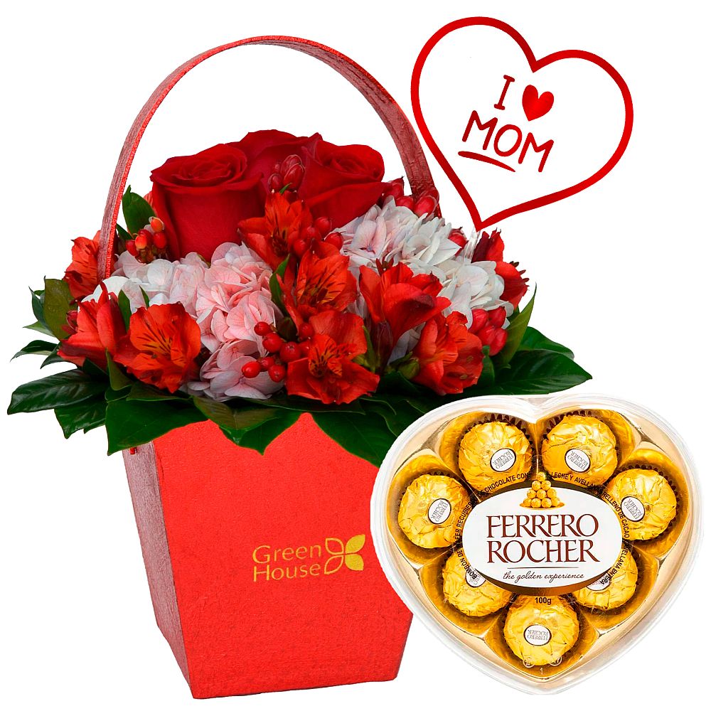 CESTA I LOVE MOM (ROJA) + ¡GRATIS! BOMBONES FERRERO ROCHER CORAZÓN