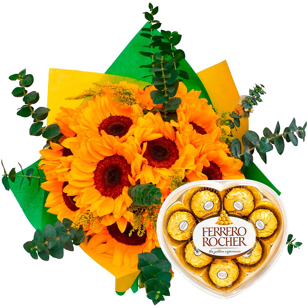 RAMO 12 GIRASOLES + ¡GRATIS! BOMBONES FERRERO ROCHER CORAZÓN