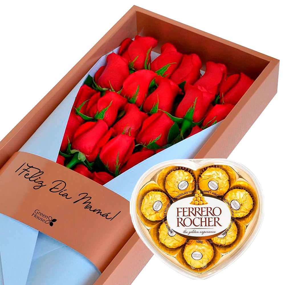 CAJA GOLD FELIZ DIA MAMA (24 ROSAS) + ¡GRATIS! BOMBONES FERRERO ROCHER CORAZÓN