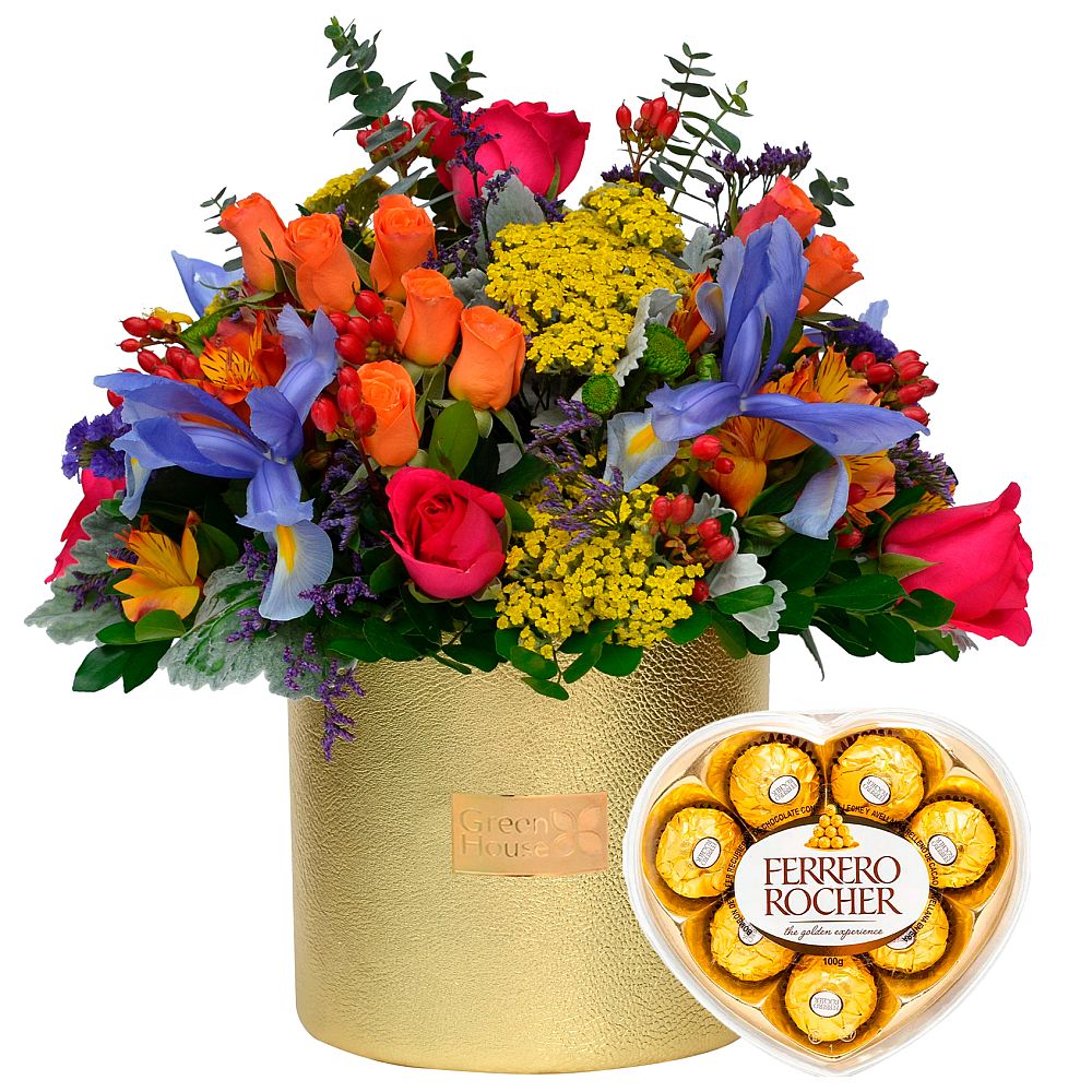 ARREGLO GLAM GOLD PRIMAVERAL ESPECIAL + ¡GRATIS! BOMBONES FERRERO ROCHER CORAZÓN