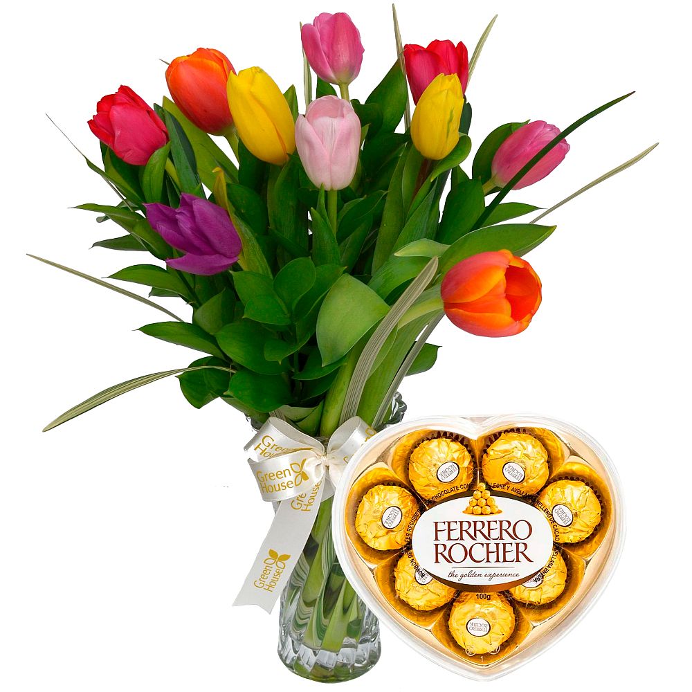 FLORERO DE TULIPANES COLORIDOS + ¡GRATIS! BOMBONES FERRERO ROCHER CORAZÓN