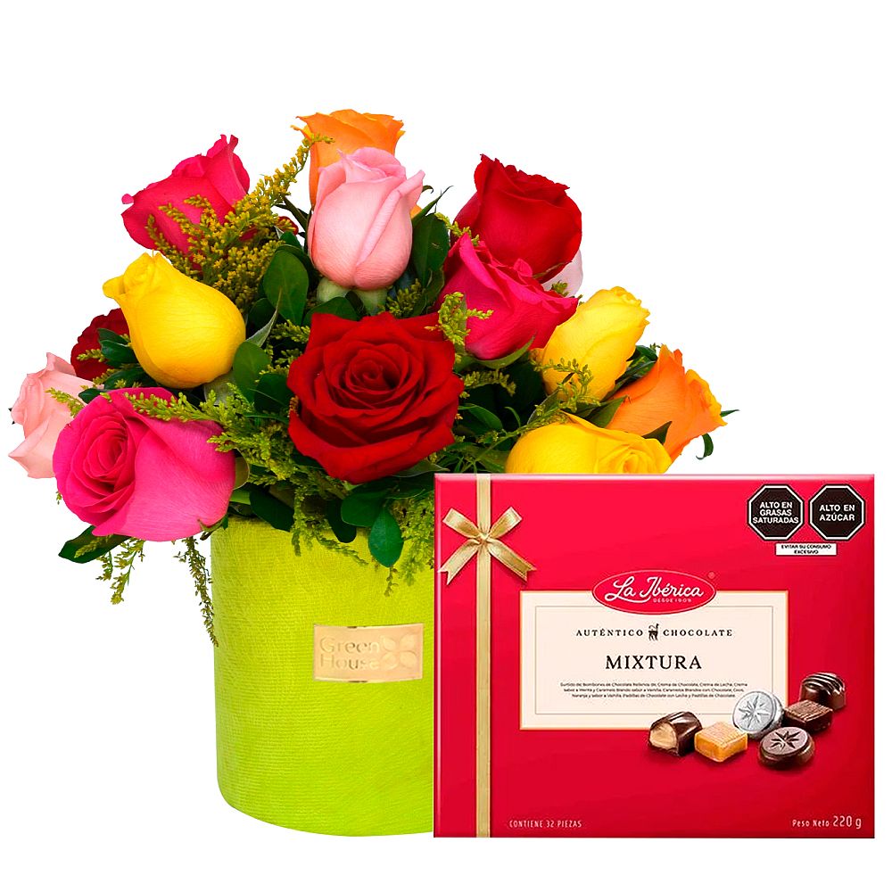 ARREGLO AMAZONÍA 15 ROSAS COLORIDAS + ¡GRATIS! BOMBONES LA IBÉRICA MIXTURA - Imagen 1