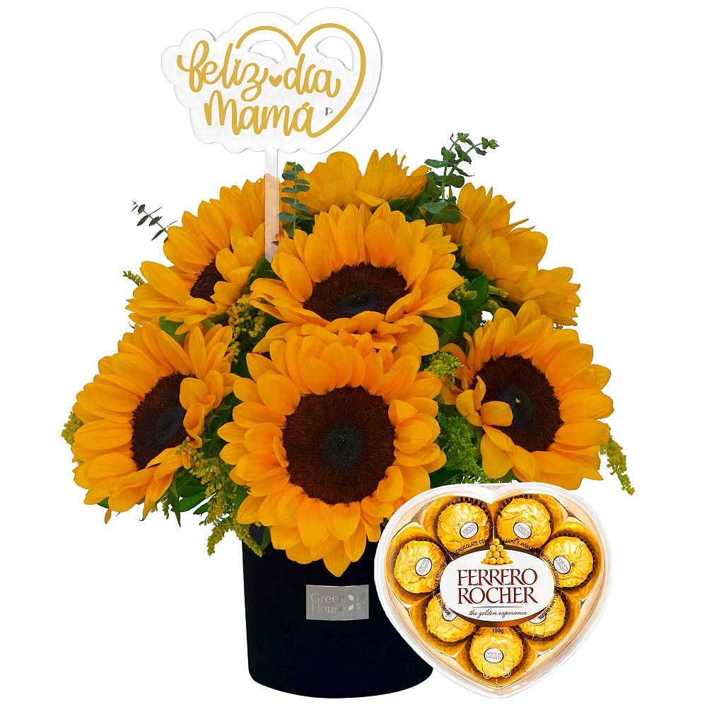 GLAM GIRASOLES FELIZ DÍA MAMÁ + ¡GRATIS! BOMBONES FERRERO ROCHER CORAZÓN