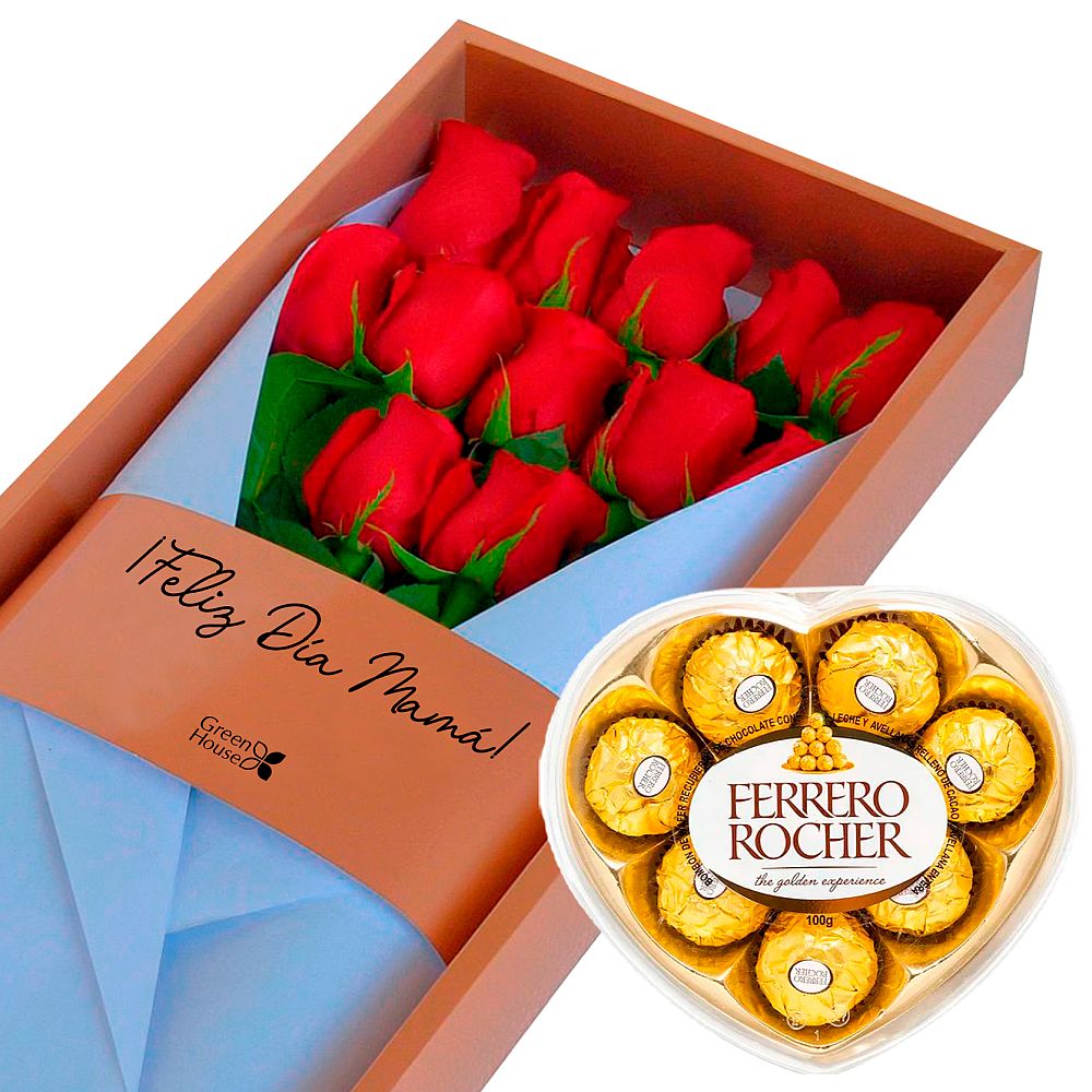 CAJA GOLD FELIZ DIA MAMA (12 ROSAS) + ¡GRATIS! BOMBONES FERRERO ROCHER CORAZÓN