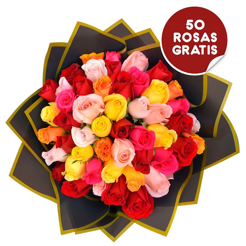RAMO BUCHÓN 50 ROSAS COLORIDAS + ¡50 ROSAS GRATIS! - Imagen 1