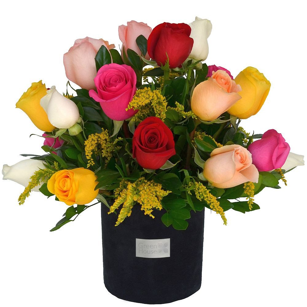 ARREGLO GLAM BLACK 24 ROSAS COLORIDAS
