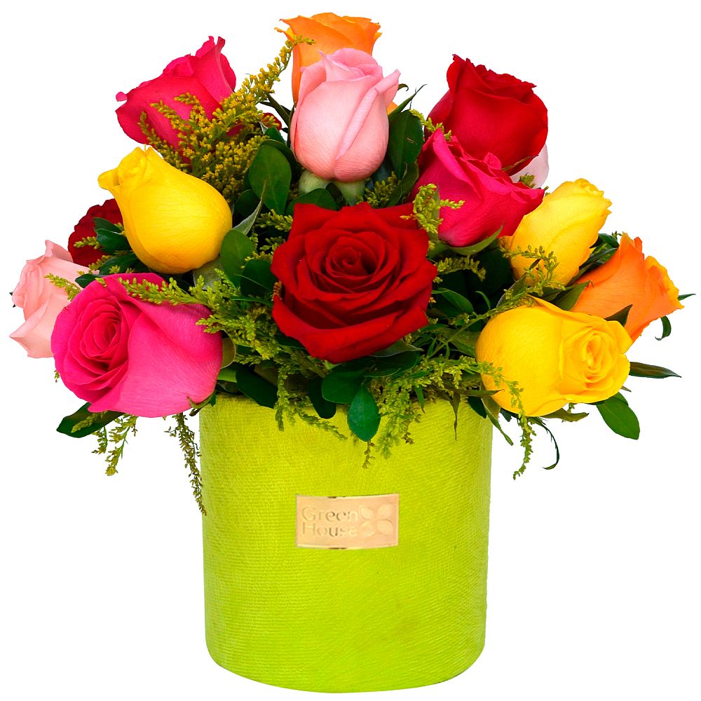 ARREGLO AMAZONIA 15 ROSAS COLORIDAS