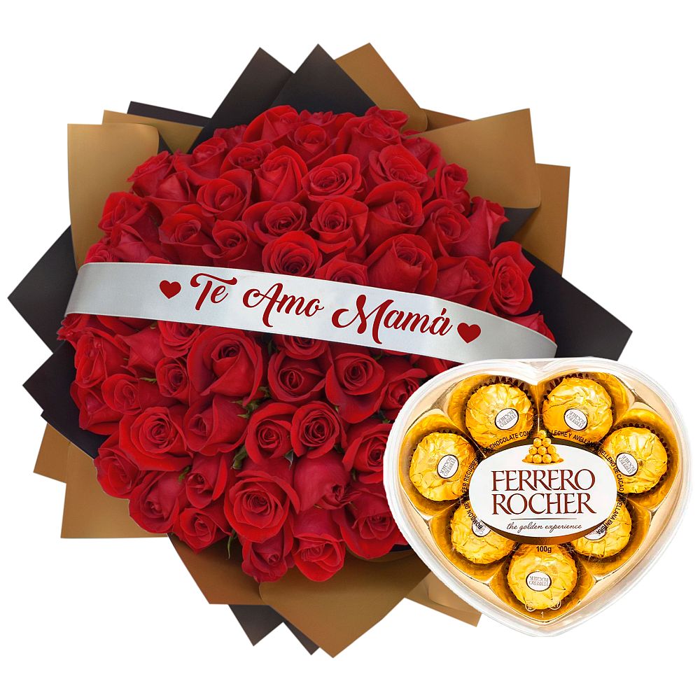 RAMO BUCHÓN TE AMO MAMÁ (50 ROSAS) + ¡GRATIS! BOMBONES FERRERO ROCHER CORAZÓN