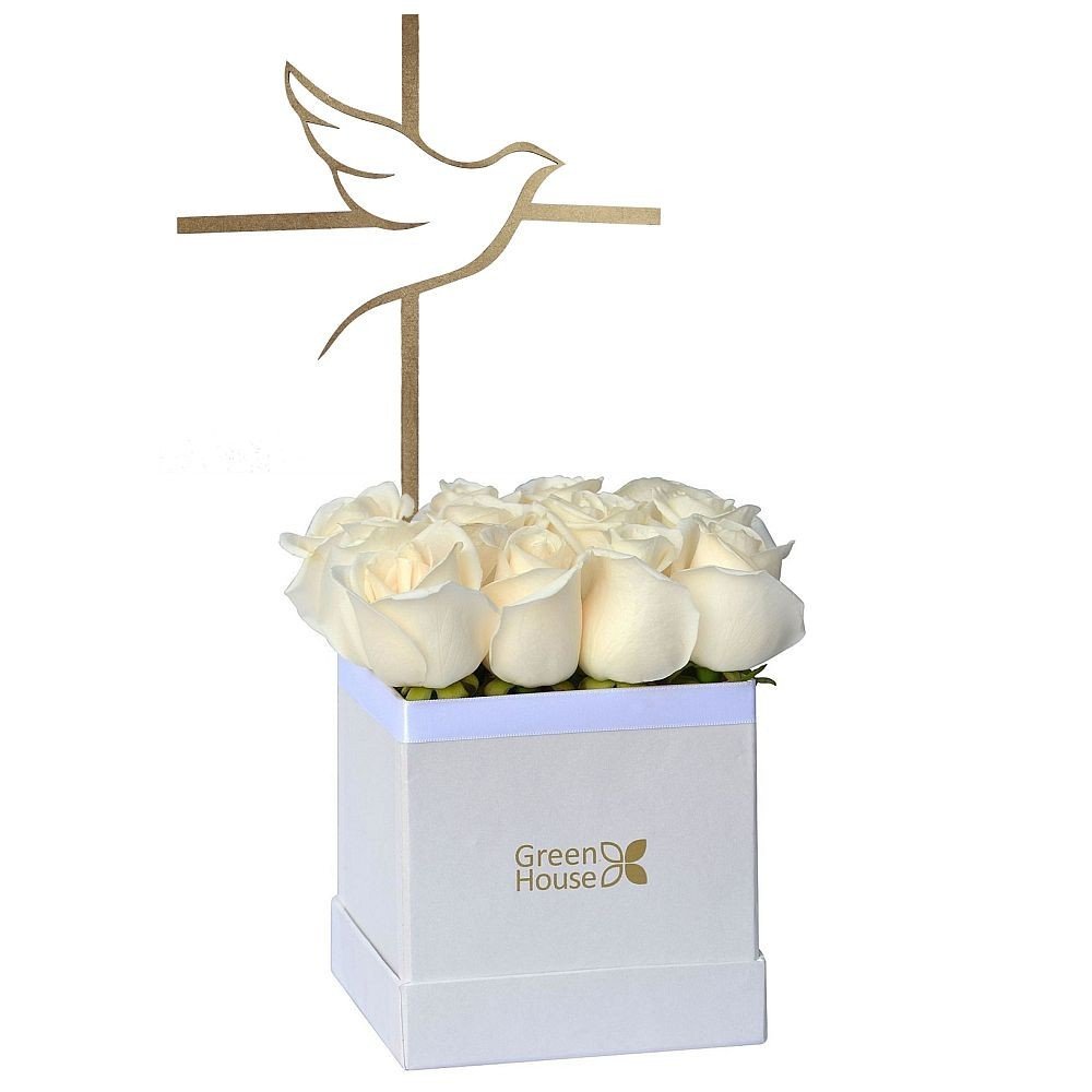 LUXURY RECUERDO - 12 ROSAS BLANCAS (CON TOPPER CRUZ)